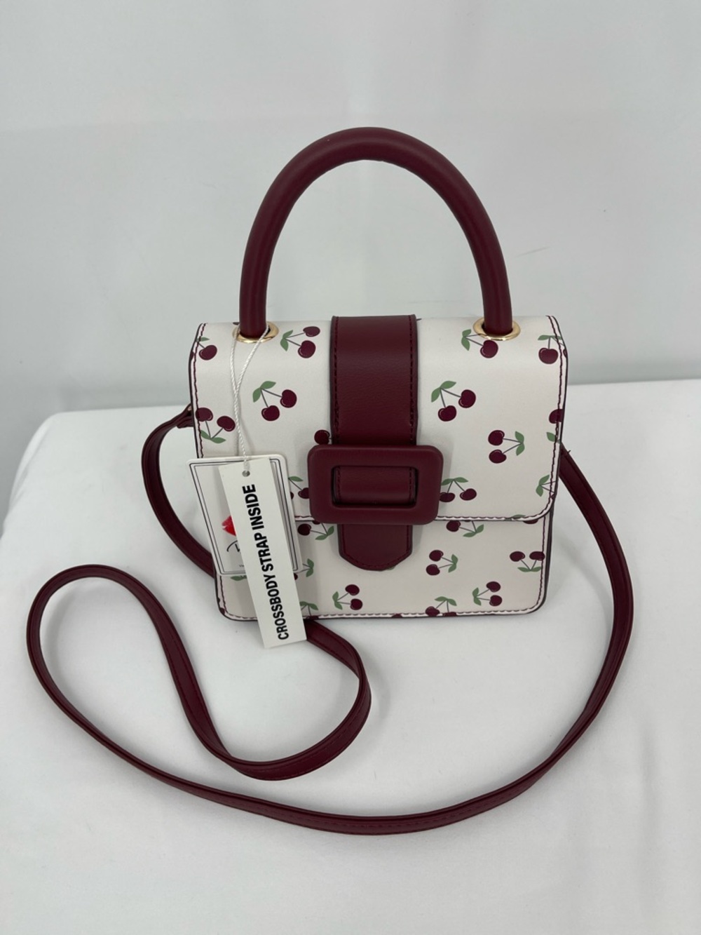 Women's Cherry Print Top-Handle Crossbody Bag - White/Burgundy
